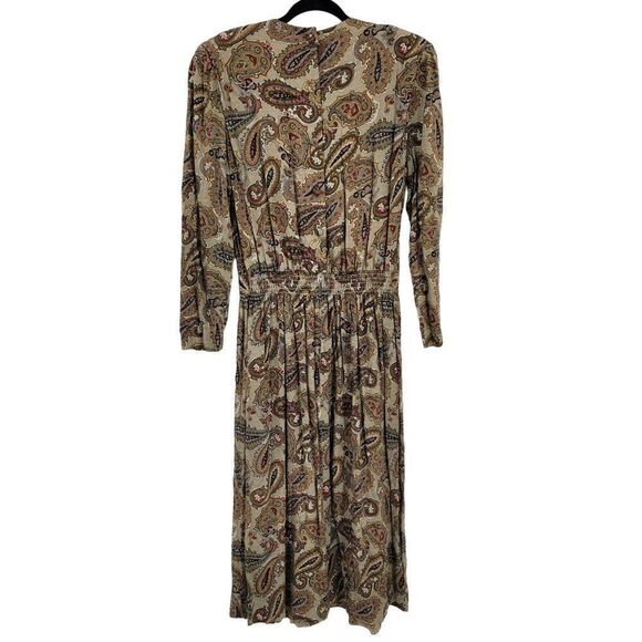 80's Dress Modest Long Sleeve Pleated Maxi Paisley Taupe 10 Geek Secretary - Picture 8 of 14